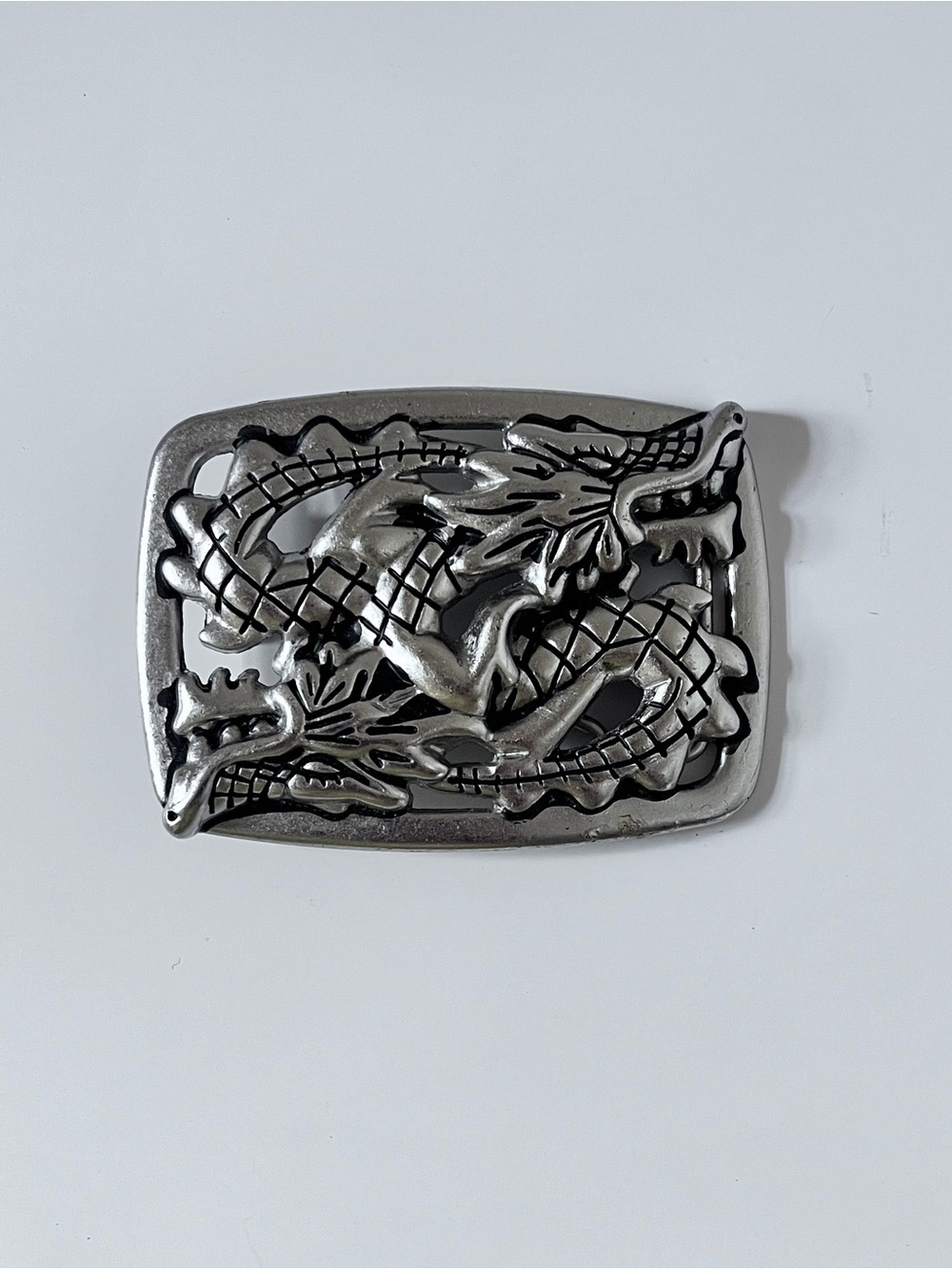 Double Dragon Chrome Metal Silver Toned Belt Buckle